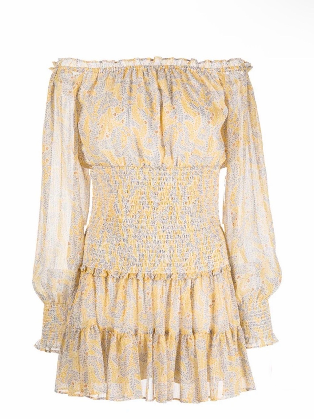 Likely Yellow Paisley Off-Shoulder Smocked Mini Dress Size 8 New